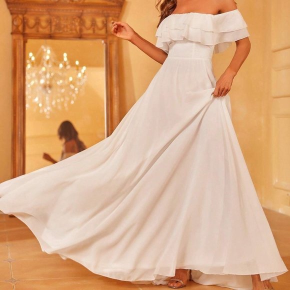 . Dresses & Skirts - White Boho Womens Off Shoulder Ruffle Trim Chiffon Wedding Dress